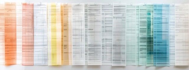 Diverse Tax Form Layouts on White Surface, showcasing various designs and structures for financial documentation and organization