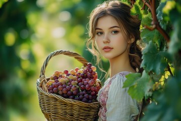A Young Woman in a Vineyard with Grapes