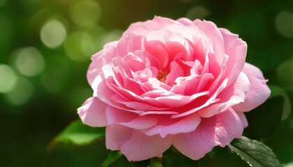 Obraz premium a delicate pink rose in full bloom, bathed in warm sunlight. Its soft petals are unfurling, showcasing the flower's beauty and fragrance. The background is blurred, creating a dreamy atmosphere.