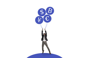 Cryptocurrency, balloons and profit with business man for price surge, nft token assets and growth....