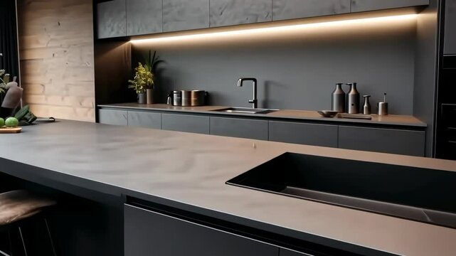 Sleek modern kitchen with matte black finishes, shot from a low angle. Minimalist decor and natural light create a stylish video backdrop.