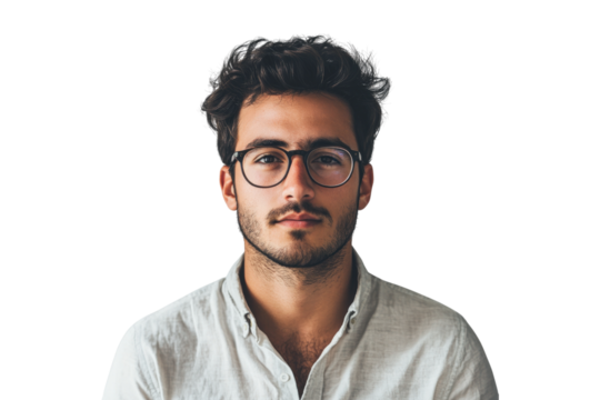 Serious young man wearing glasses and light shirt looking confidently isolated on white or transparent, PNG