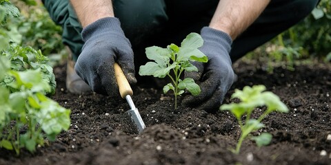 Fototapeta premium A person planting a young sapling in rich soil with gardening tools surrounded by natural greenery symbolizing eco friendly practices and sustainability soft natural lighting