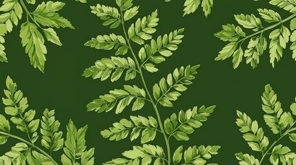 Green Fern Leaves Pattern on Dark Background for Decorative Use