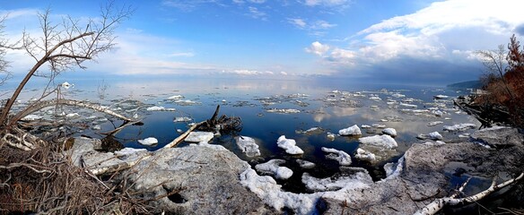 Ice drift at Volga river in Russia