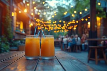 Two orange drinks, outdoor cafe, evening lights,  people socializing; summer drinks menu