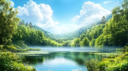 Serene mountain lake, lush greenery, sunny day, tranquil scene, nature wallpaper