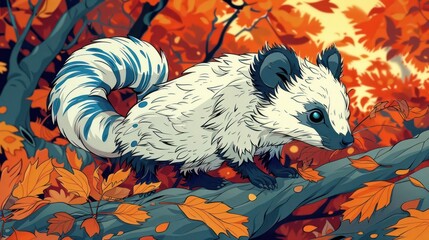 A whimsical creature with a fluffy white coat and blue stripes explores a vibrant autumn scene.