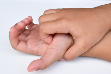 Boy's hand scratches itchy palm. isolated on white background. Concept with Health and Medicine