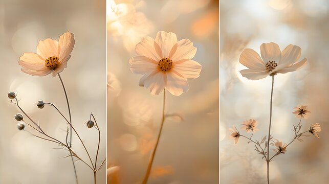 Serene Triptych of Delicate White Cosmos Flowers in Soft Golden Light