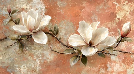 Elegant Creamy White Magnolia Blossoms on Rustic Peach Background Artistic Floral Painting