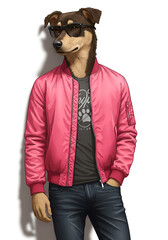 Stylish Mixed Breed Dog in Pink Bomber Jacket and Glasses, Trendy Pet Fashion Portrait, Urban Animal Character Illustration