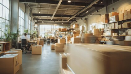 Busy modern workspace with cardboard boxes