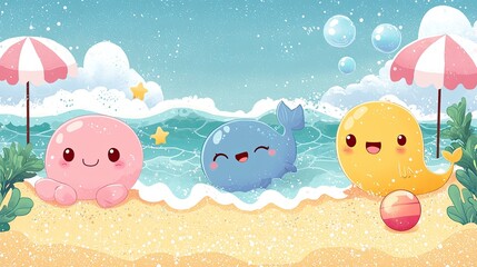 Cute cartoon whales and sea creatures playing joyfully on a sunny beach with umbrellas