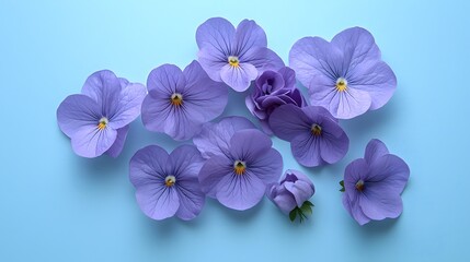 Obraz premium Delicate Light Purple Pansies on a Pastel Blue Background Floral Arrangement Spring Flowers