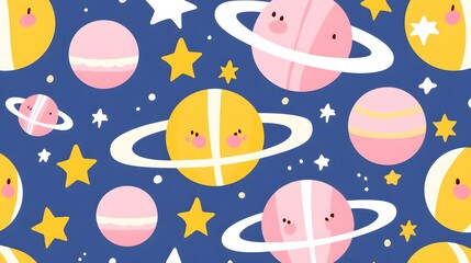 Cute Cartoon Planets and Stars Pattern with Whimsical Background