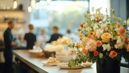 Cafe counter, flowers, staff, lighthearted