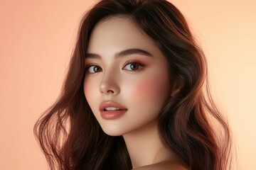 Fototapeta premium Beautiful woman with long dark brown hair, big eyes, and full lips is the focus of a beauty product advertisement. She wears minimal makeup.