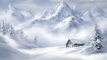 Fototapeta premium Serene Winter Landscape Featuring a Cozy Cabin Amidst Snow-Capped Mountains and Evergreen Trees Under Soft Clouds