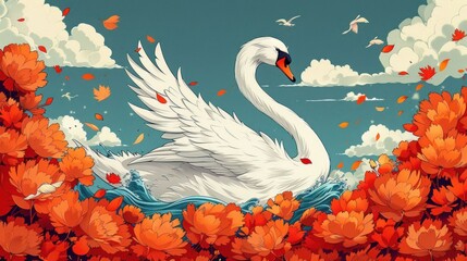 A serene swan glides through vibrant autumn flowers and water under a blue sky.