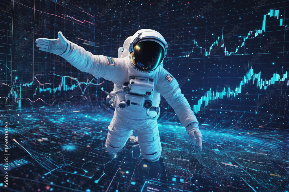 Wall mural a holographic astronaut in the computer world of financial charts made up of many particles. generat