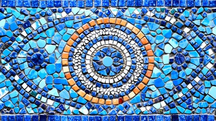 Vibrant Blue Mosaic Design Featuring Circular Patterns and Shapes