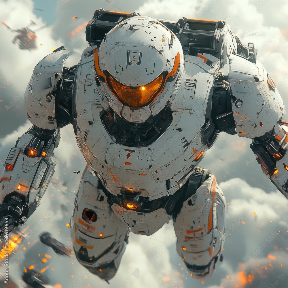 Poster futuristic humanoid character in dynamic action pose, showcasing advanced technology and intricate a
