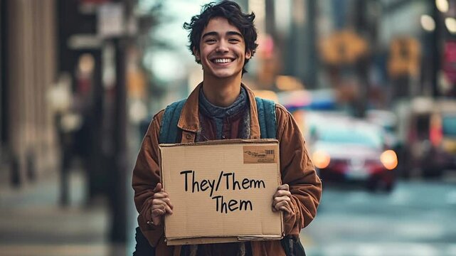 Non-binary person holding a They/Them sign