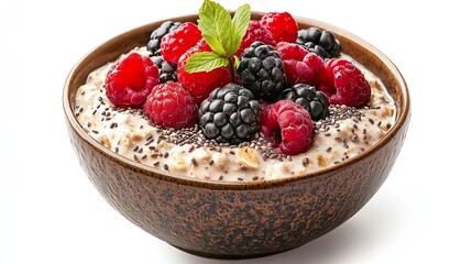 A bowl of overnight oats topped with chia seeds and fresh berries, placed on a bright white background, Generative AI