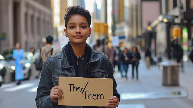 Non-binary person holding a They/Them sign