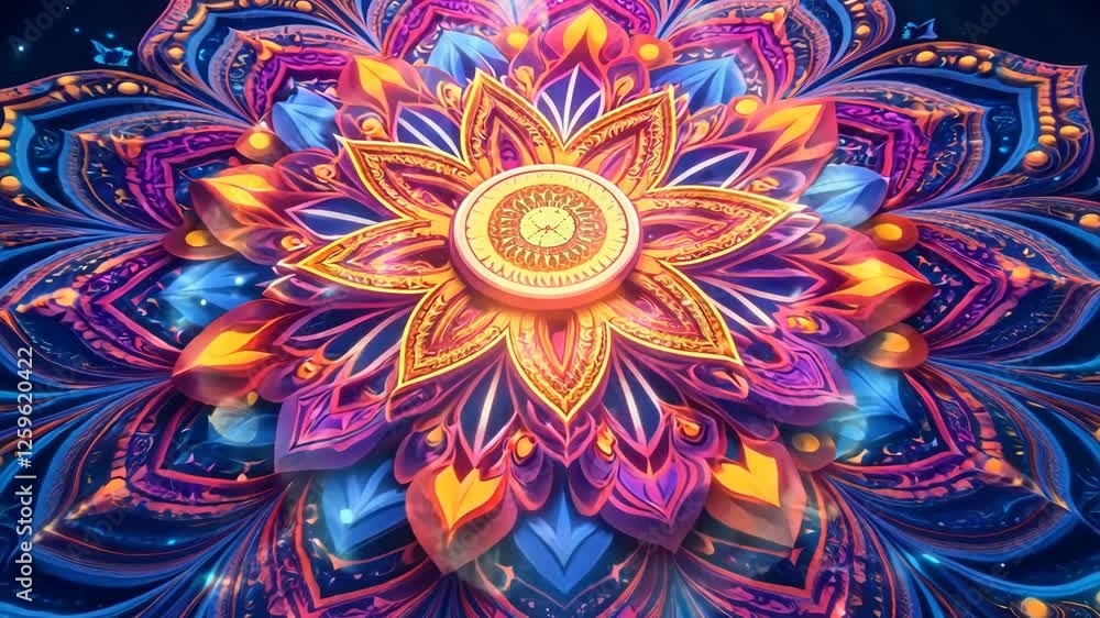 Poster a colorful design with a red center and blue and orange surrounding it. the design is made up of man