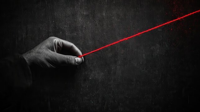 Hand holding a vibrant red thread against a dark background. Ideal for concepts of connection, fate, or guidance.