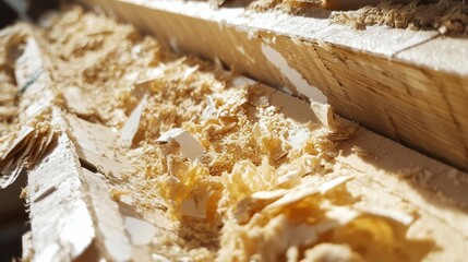 Wood shavings covering wooden planks, carpentry work in progress