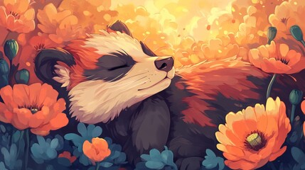 Red panda sleeping poppies sunset field illustration