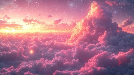 Vibrant sunset over fluffy clouds creating a serene atmosphere with twinkling stars