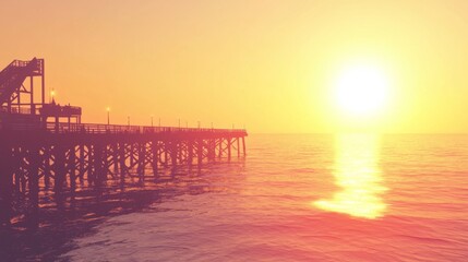Obraz premium Peaceful Sunset Over Ocean with Silhouette of Pier and Warm Yellow and Orange Hues for Serene Coastal Imagery