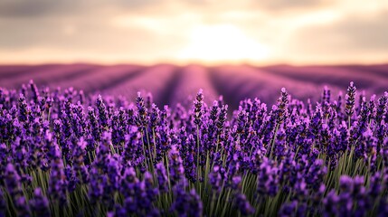 Naklejka premium A field of lavender in full bloom with purple flowers stretching towards the horizon under a bright sky