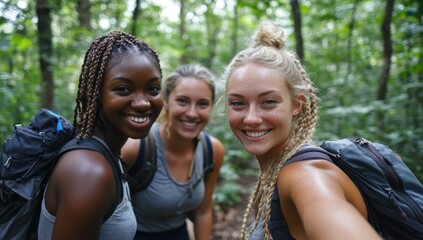 Obraz premium Three Happy Hikers on a Forest Trail