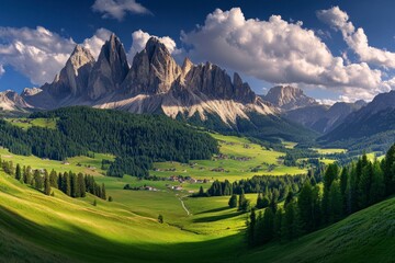 Fototapeta premium panoramic view of the Alps, with majestic mountains in the background and lush green meadows below. The sky is blue with fluffy white clouds adding to its picturesque charm.