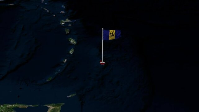 Barbados Flag Waving Over Detailed Map of the Caribbean Island Nation