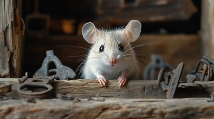 Curious Mouse Peeking from Antique Box Soft Light. AI Generated