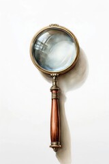 Vintage magnifying glass with a brass frame and a wooden handle.
