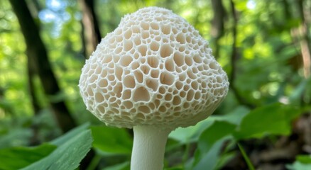 close-up of a white mushroom, with the focus on the cap and stem, against an out-of-focus forest background. The mushroom has a delicate texture that gives it a unique appearance.