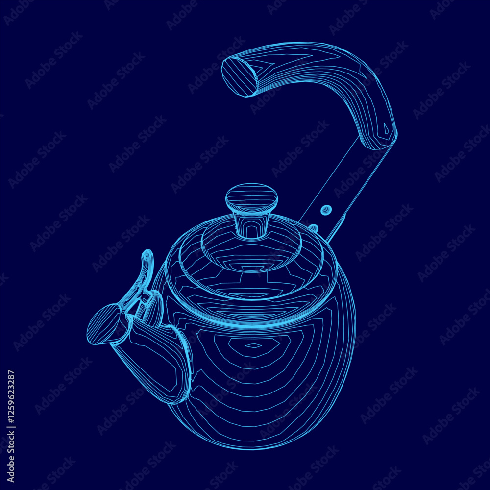 Poster a blue image of a teapot with a handle and a lid. the teapot is shown in a 3d format, giving it a mo