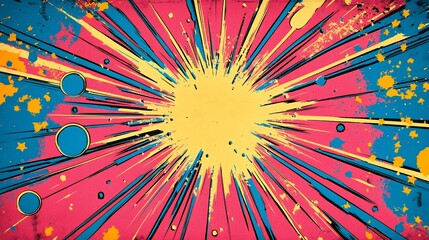 Vibrant pink blue yellow explosion graphic design bursts outwards radiantly. AI Generated