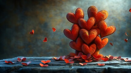 A charming handcrafted Valentine card with layered paper hearts arranged in a delicate cascading pattern ultra-realistic textures