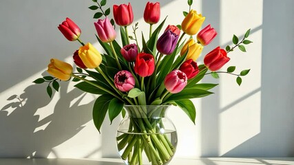 A vase of tulips with a clear glass vase. The tulips are in various colors including red, yellow, and purple