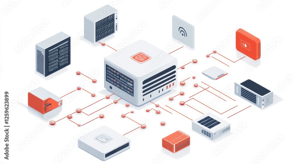 Poster isometric illustration of a connected network with server and devices