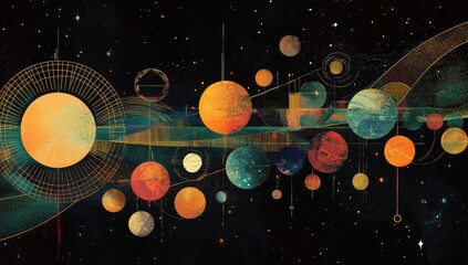 Celestial Planets Orbiting, Abstract Design, Cosmic Background
