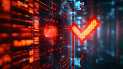 Digital checkmark on glowing server room